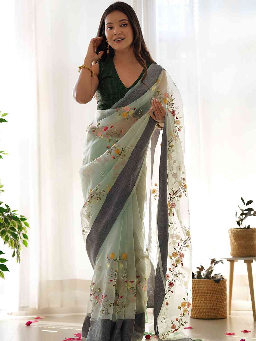  Organza Silk Saree With Embroidery & Laheriya Pattern