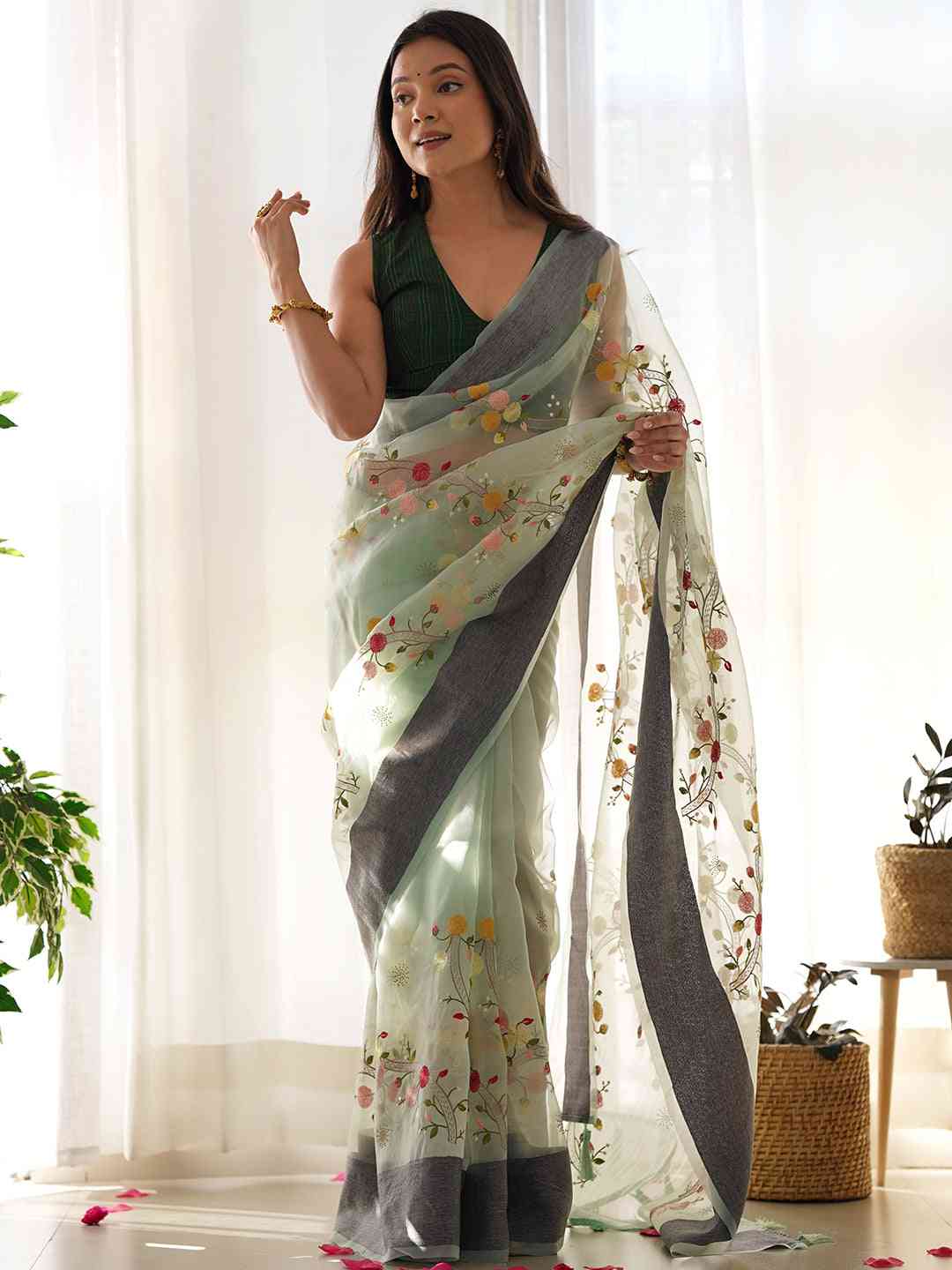  Organza Silk Saree With Embroidery & Laheriya Pattern