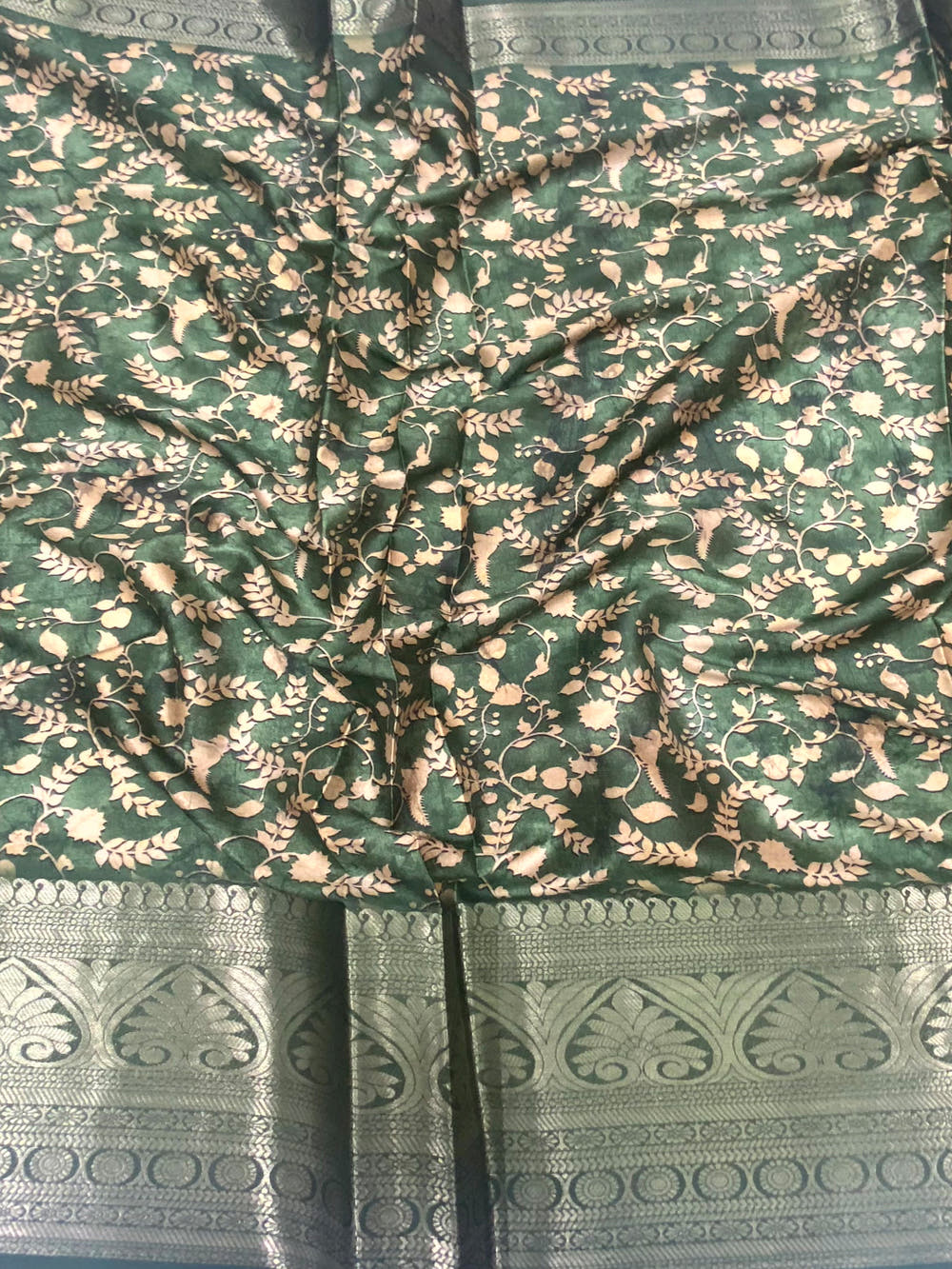 Green Floral Animal Batik Soft Silk Saree