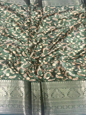 Green Floral Animal Batik Soft Silk Saree