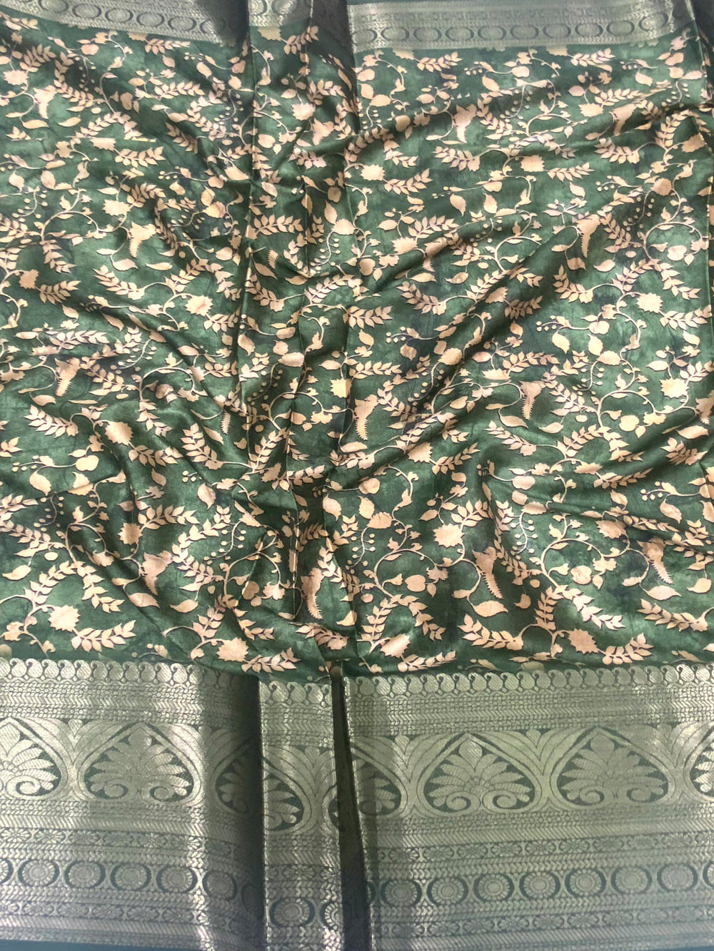 Green Floral Animal Batik Soft Silk Saree