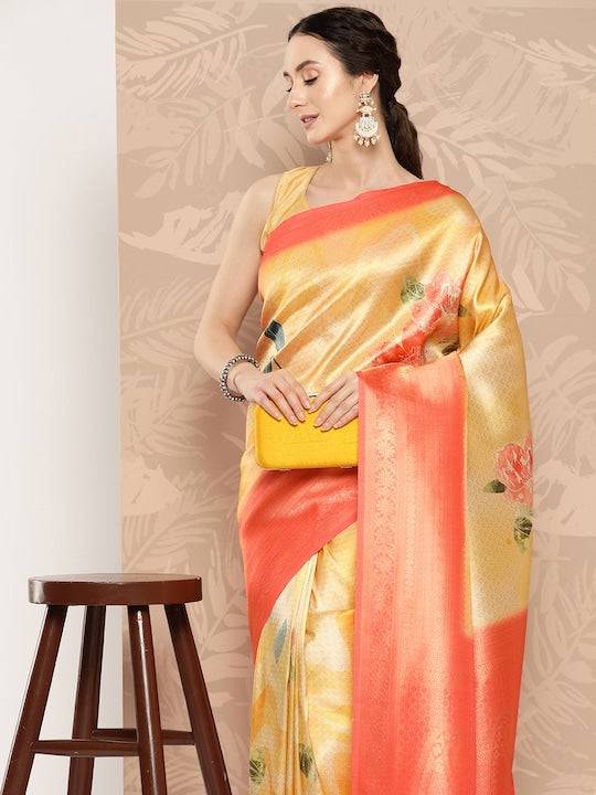 Banarasi soft silk sarees with intricate flower prints