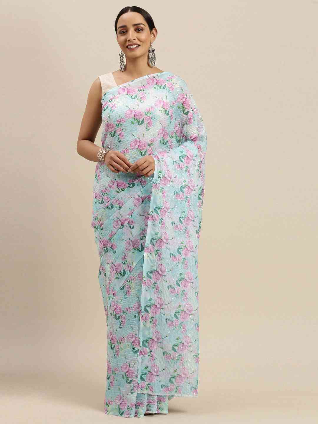 Beautiful Pure Silk Floral Print Saree with Sequinned Work