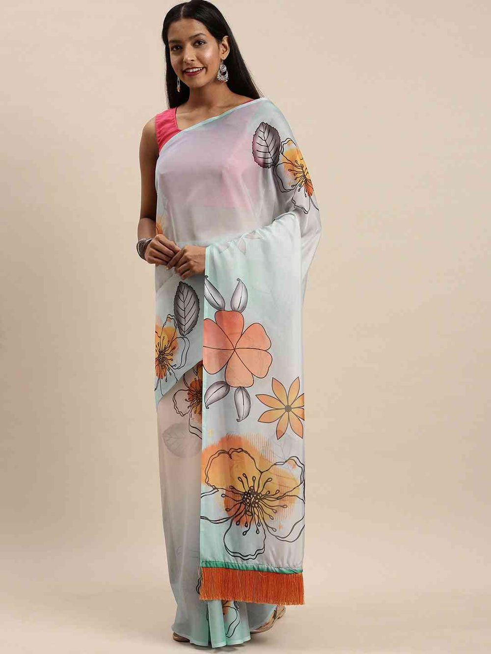 Buy Celebrity Floral Printed Silk Saree with Resham Tassel 