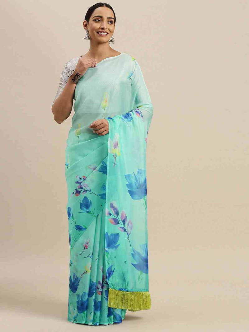 Aqua Colour Floral Printed Tebi Silk Saree With Resham Tassel