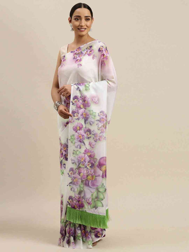 Off White Colour Floral Printed Tebi Silk Saree With Resham Tassel