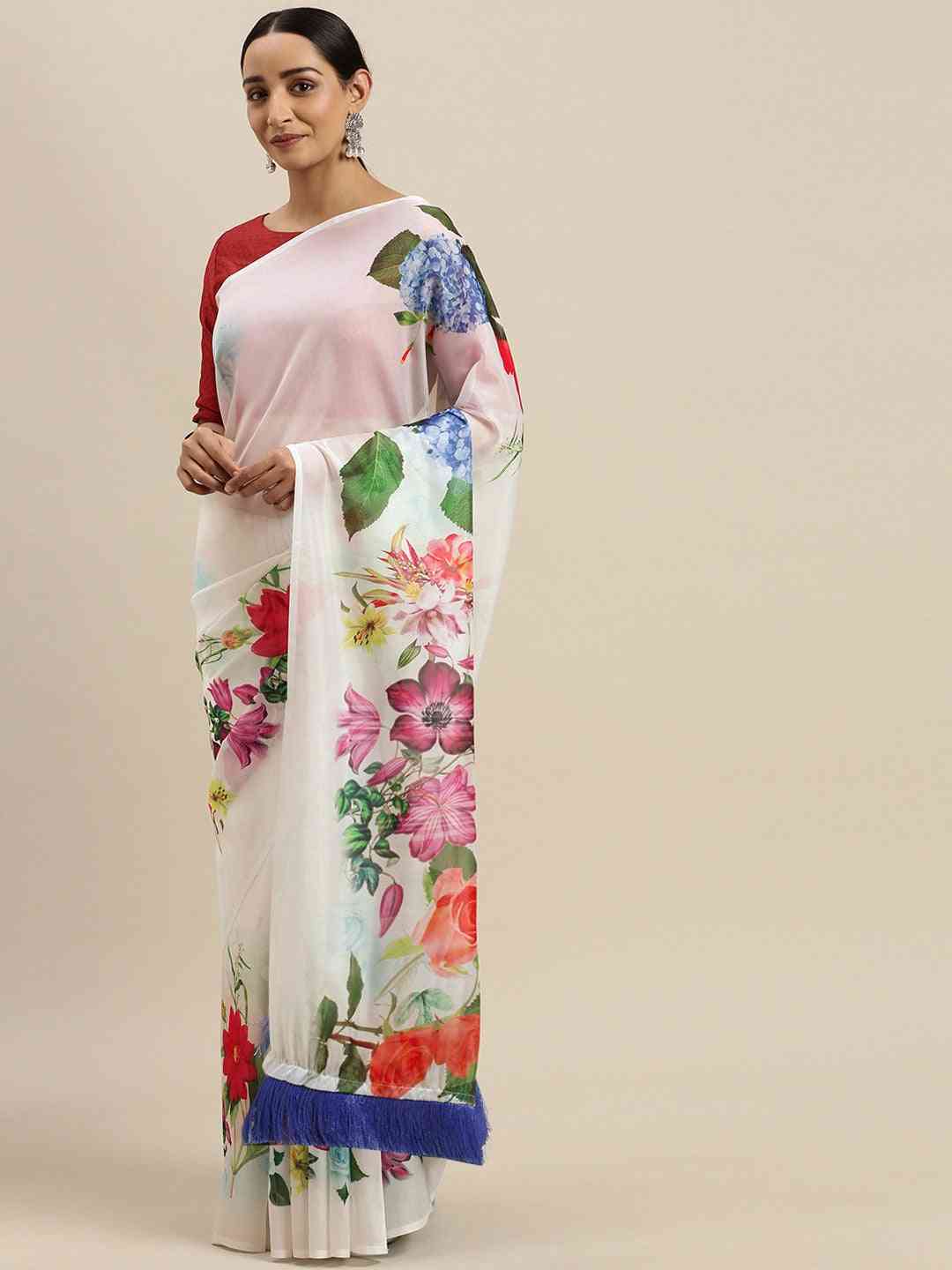 At Vastranand Celebrity Floral Silk Saree with Resham Tassel