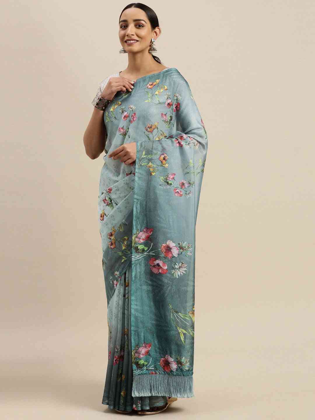 At Vastranand Celebrity Floral Silk Saree With Resham Tassel