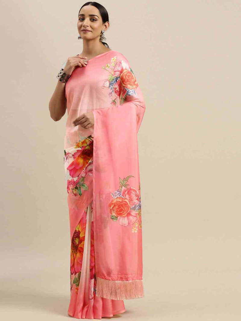 Pink Colour Floral Printed Tebi Silk Saree With Resham Tassel