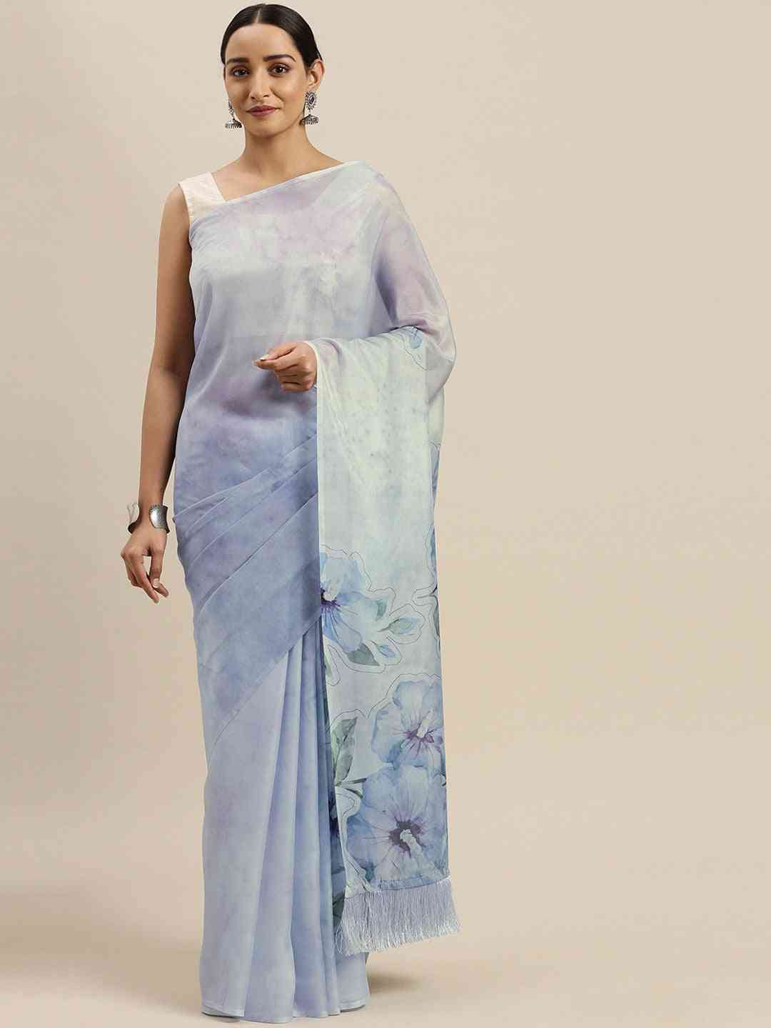 Latest Celebrity Floral Printed Silk Saree with Tassel