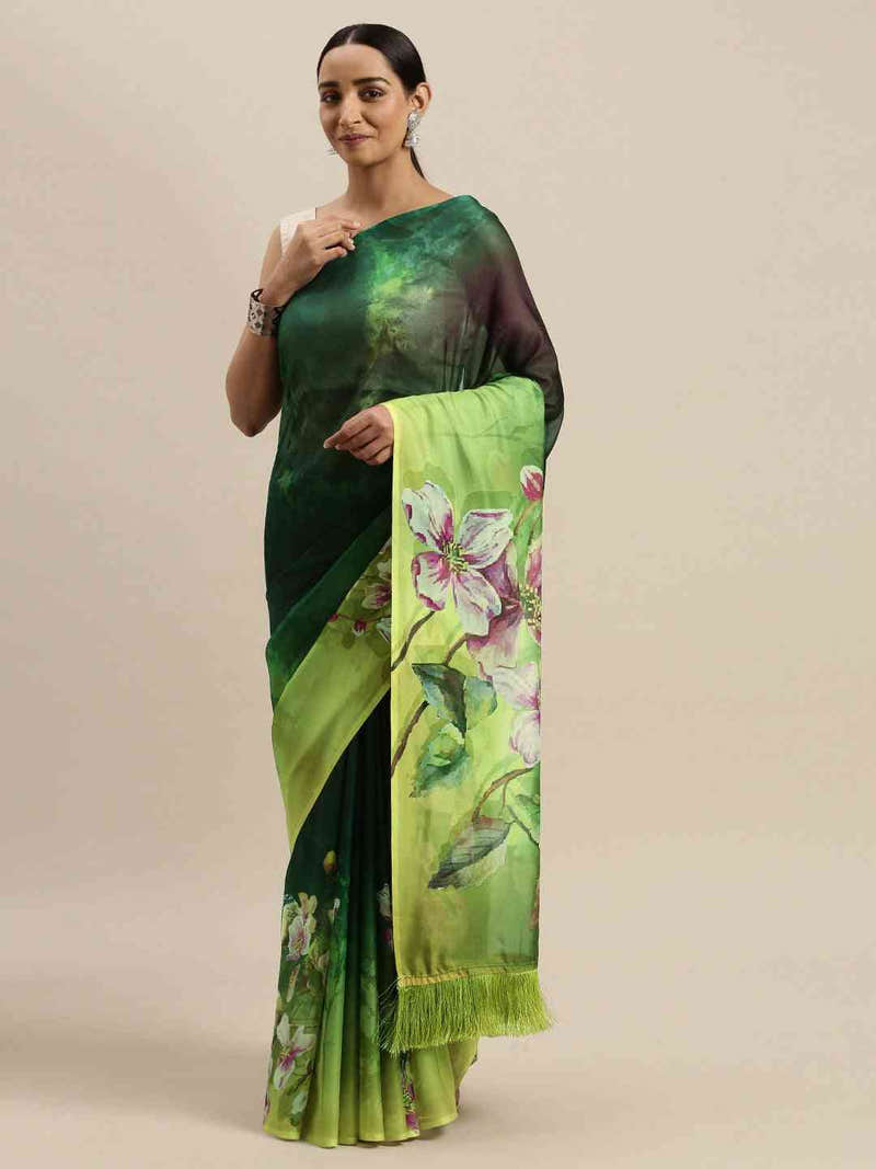 Green Colour Floral Printed Tebi Silk Saree With Resham Tassel