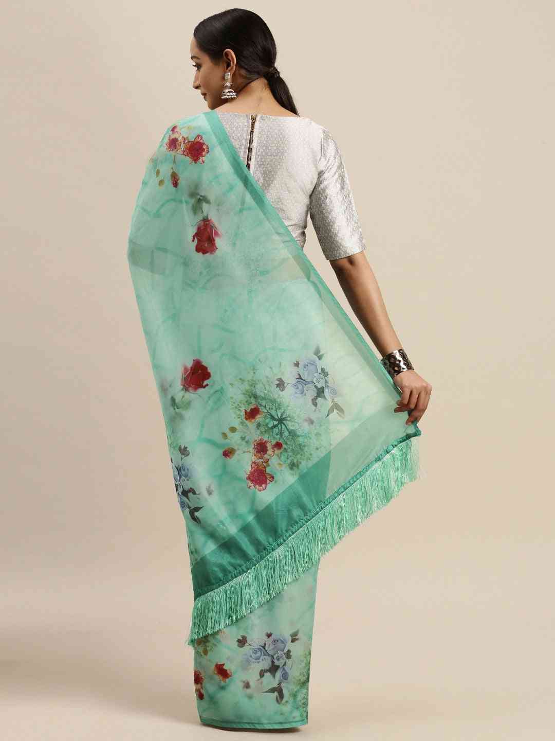 Celebrity Floral Printed Silk Saree With Resham Tassel