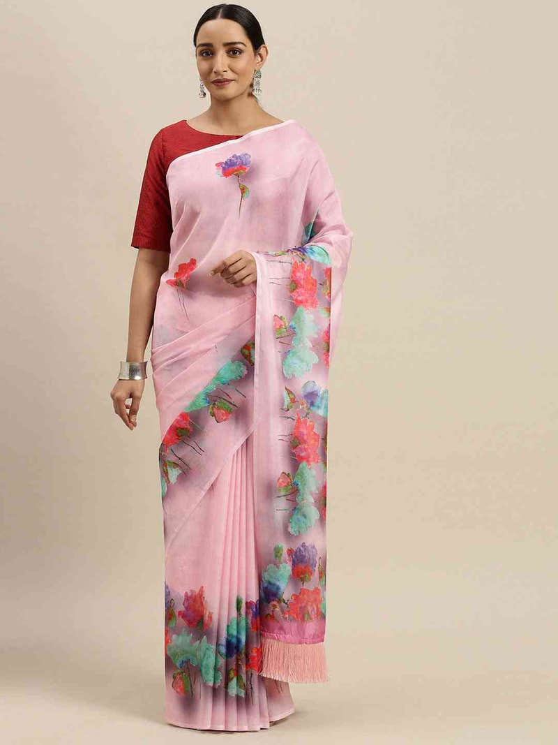 Pink Colour Floral Printed Tebi Silk Saree With Resham Tassel