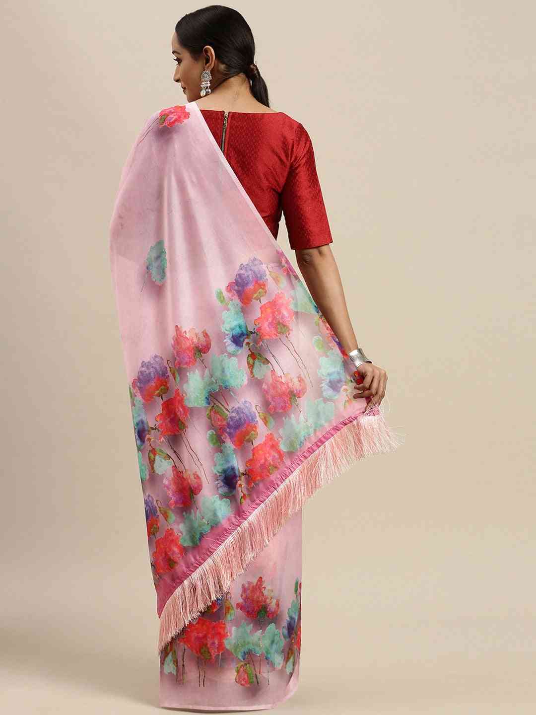 Stylish Celebrity Floral Print Silk Saree with Resham Tassel