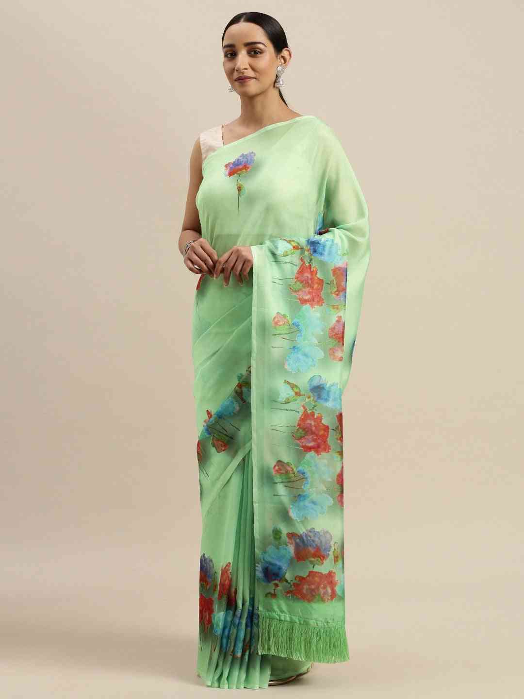 Latest Celebrity Floral Print Silk Saree with Resham Tassel