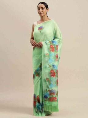 Latest Celebrity Floral Print Silk Saree with Resham Tassel