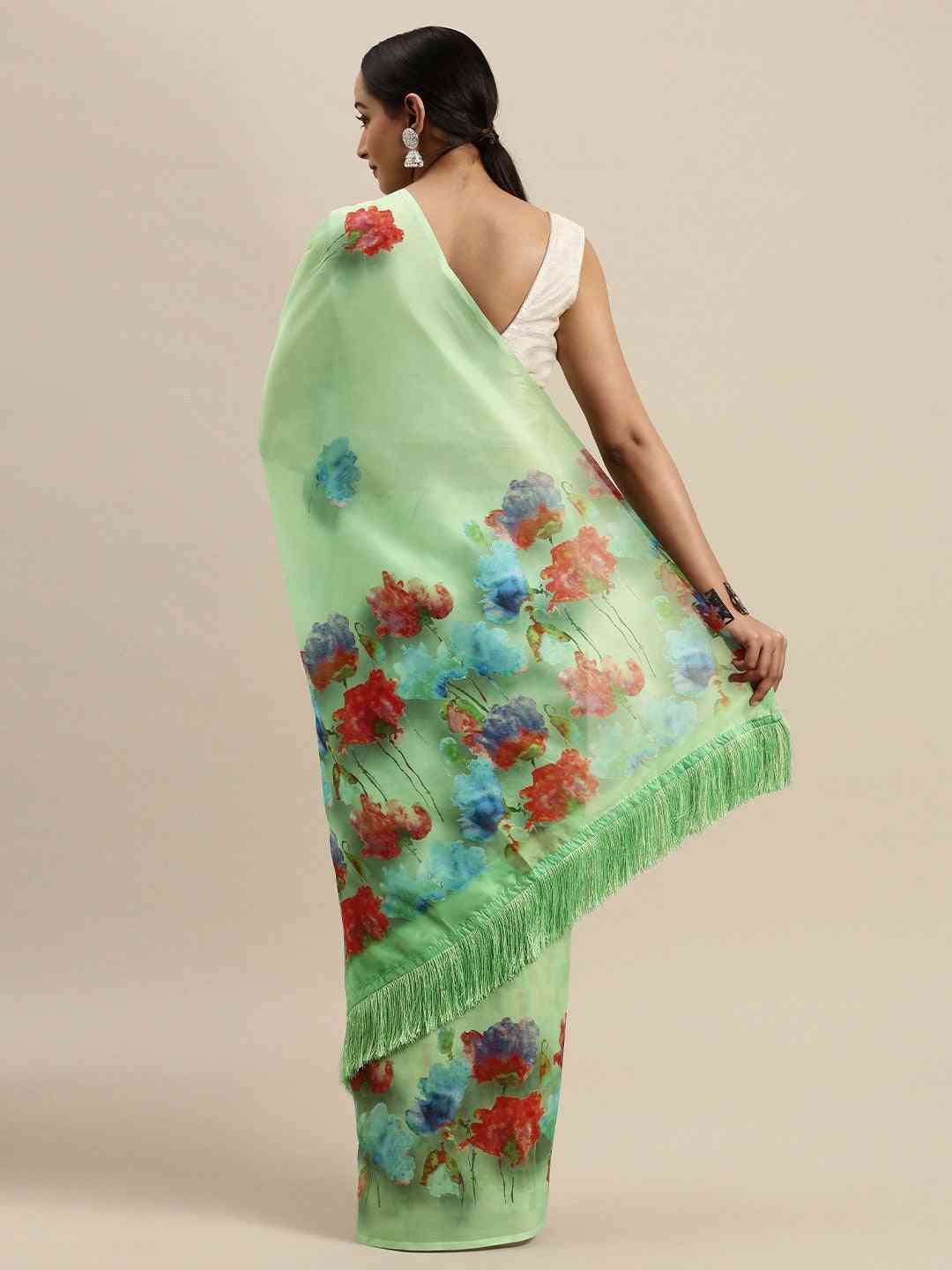 Latest Celebrity Floral Print Silk Saree with Resham Tassel