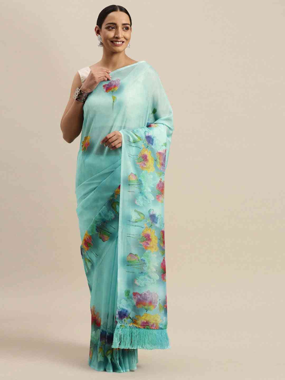Latest Celebrity Floral Silk Saree with Resham Tassel