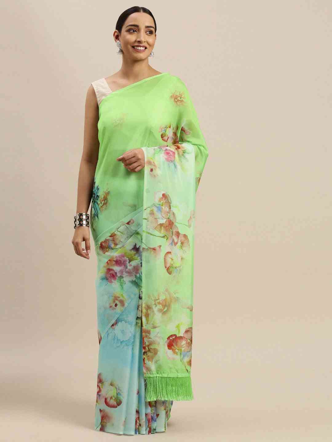 Stylish Celebrity Floral Print Silk Saree with Resham Tassel