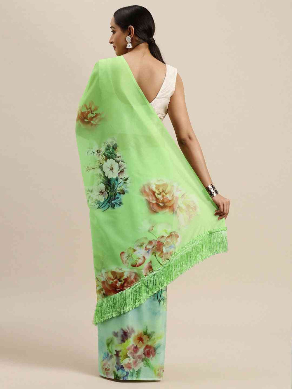 Stylish Celebrity Floral Print Silk Saree with Resham Tassel