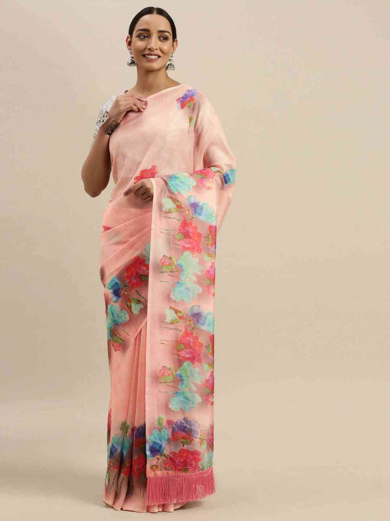 Peach Colour Floral Printed Tebi Silk Saree With Resham Tassel