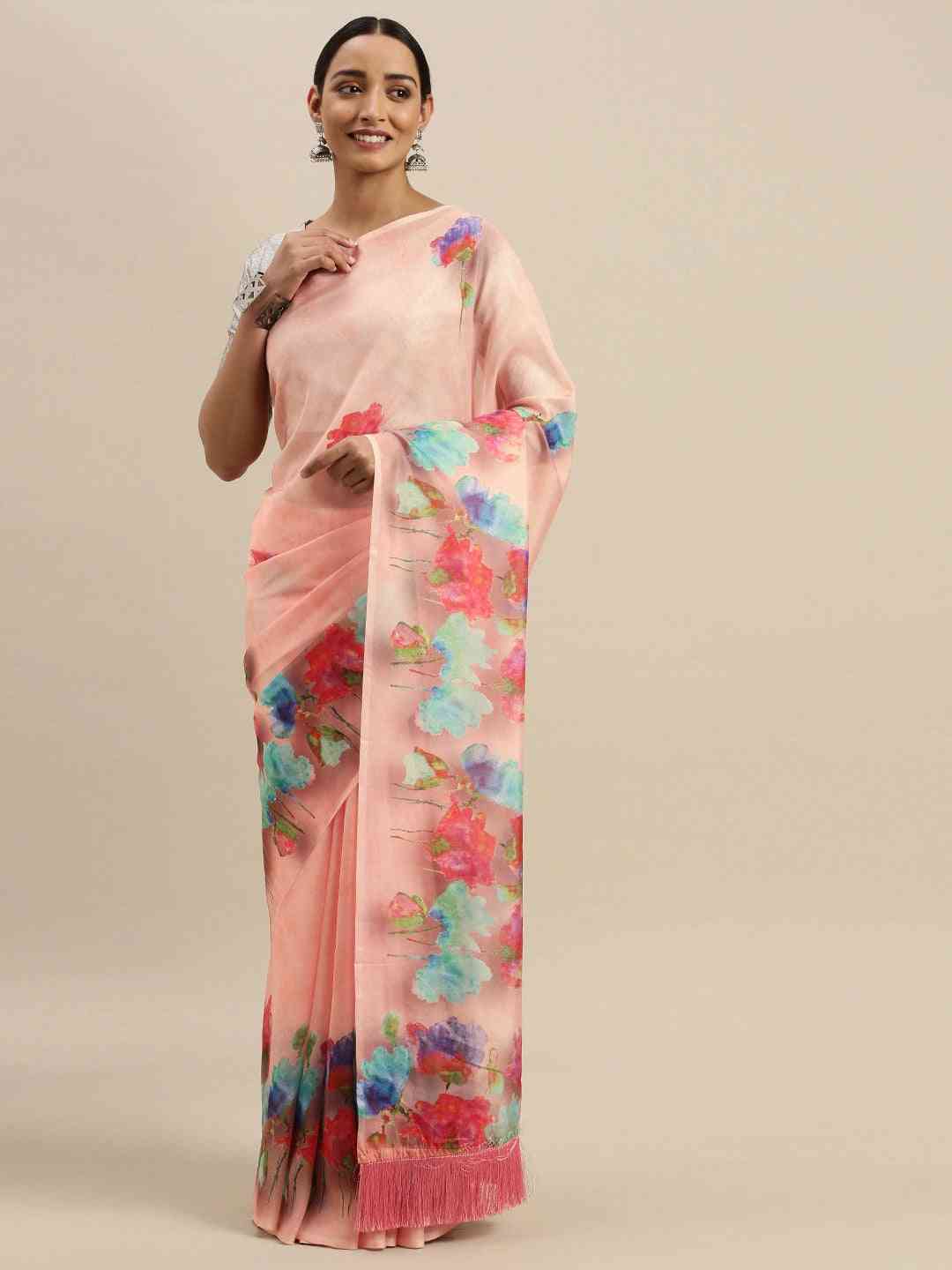  Celebrity Floral Printed Silk Saree with Resham Tassel