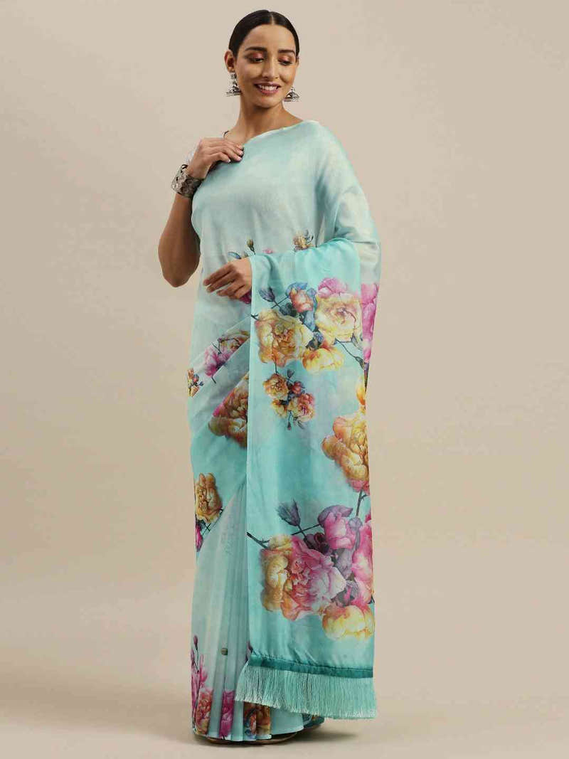 Turquoise Colour Floral Printed Tebi Silk Saree With Resham Tassel