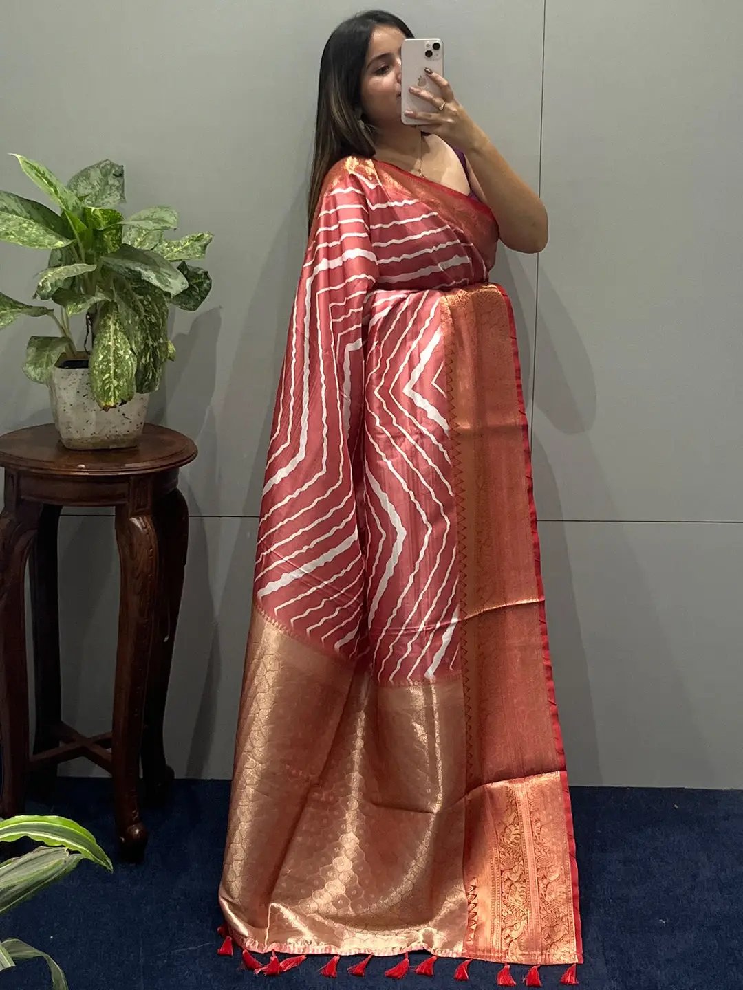 Kanchi Zari Border Lehria Pattern Party Wear Saree