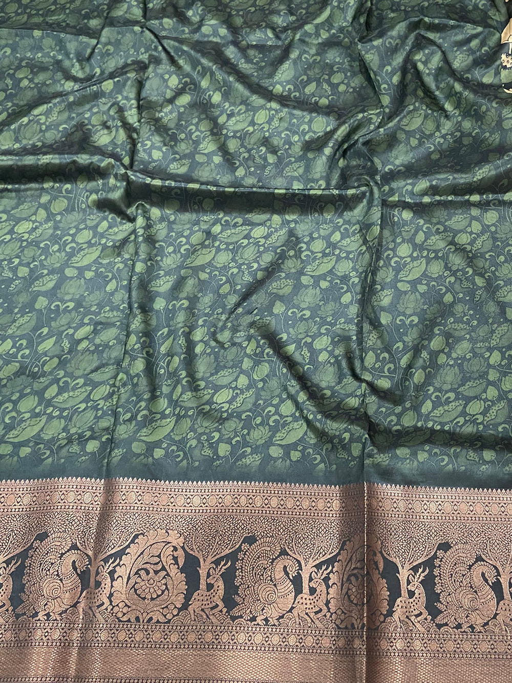 Bottle Green Soft Silk Kalamkari Saree
