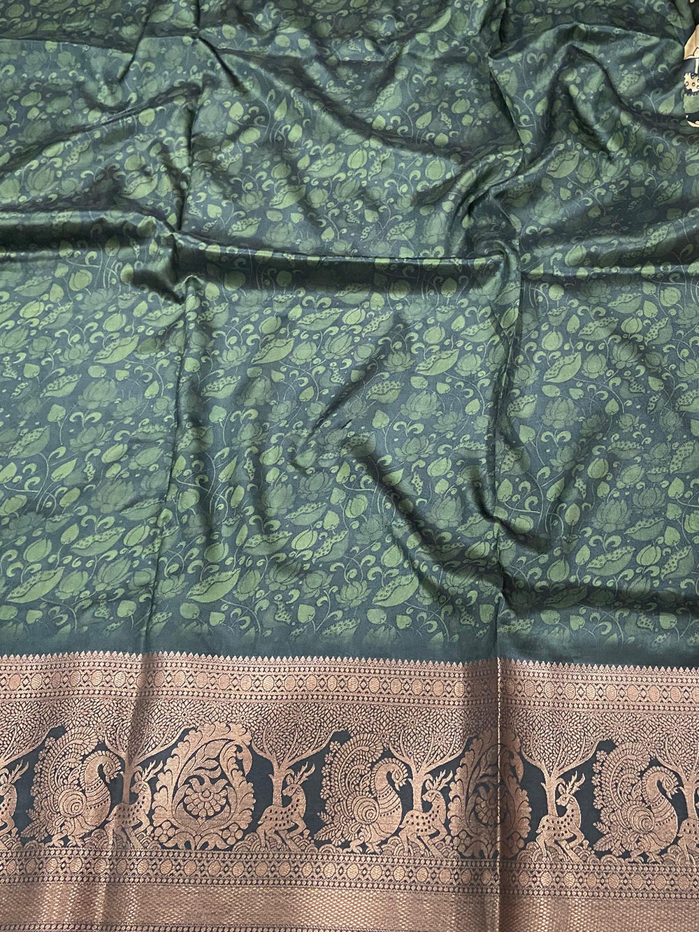 Bottle Green Soft Silk Kalamkari Saree
