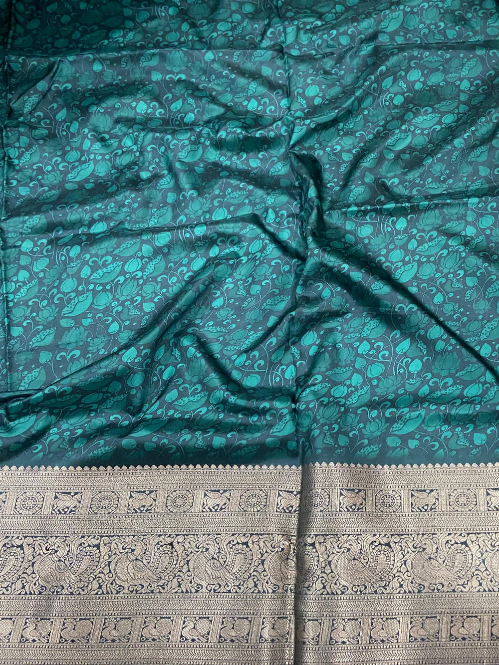 Ocean Teal Soft Silk Kalamkari Saree