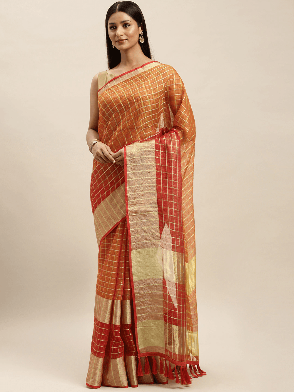 Orange Kota Doria saree with zari butti design, front view