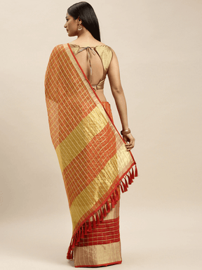 Orange Kota Doria saree with zari butti design, back view