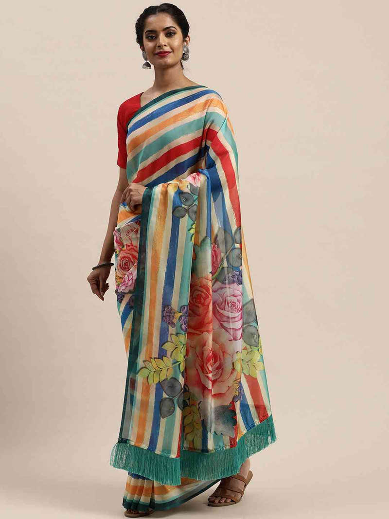 Soft Silk Resham Tassel And Striped Work Saree