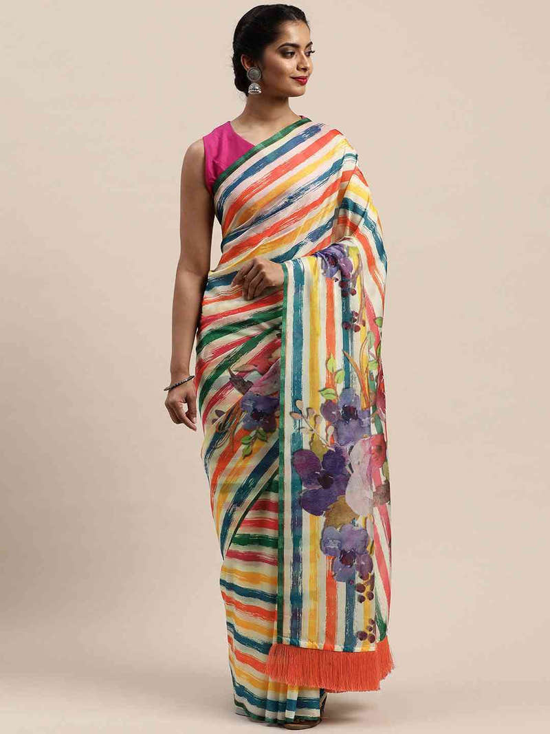 Soft Silk Resham Tassel And Striped Work Saree