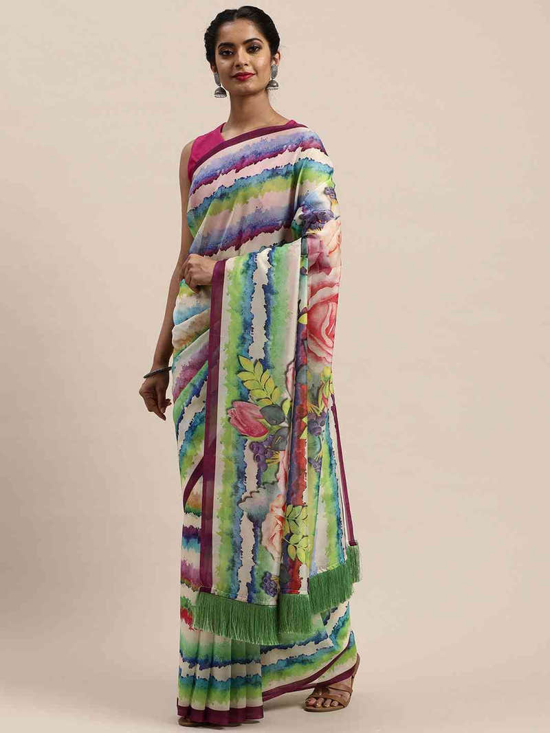 Soft Silk Resham Tassel And Striped Work Saree