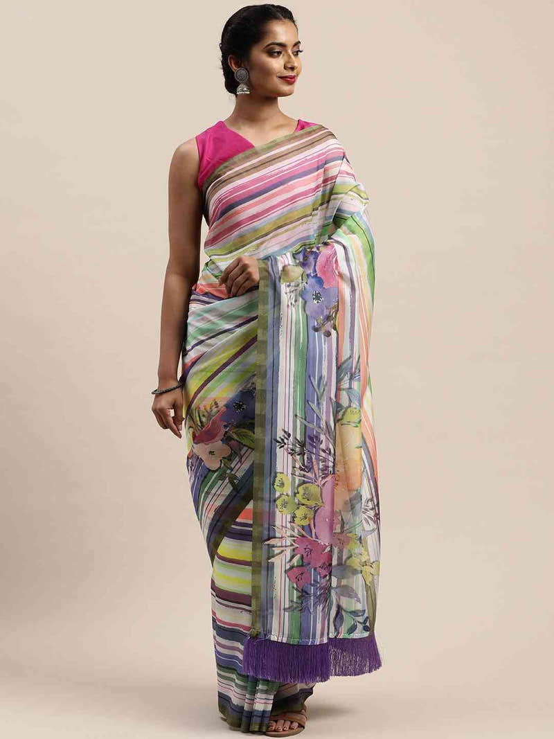 Soft Silk Resham Tassel And Striped Work Saree