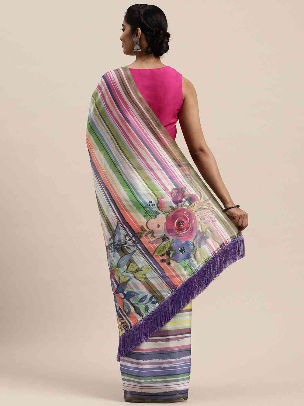 Exclusive Pure Silk Resham Tassel Saree With Striped Work