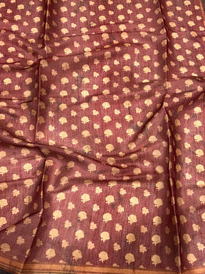 Rust Red Floral Stripes Tissue Saree