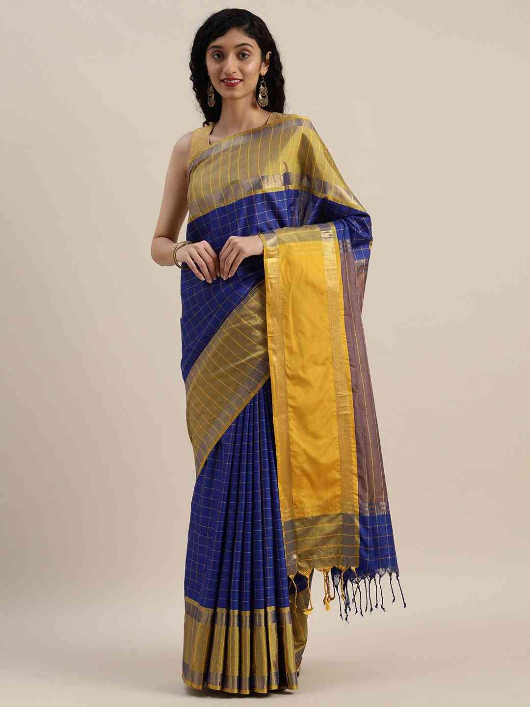  Stylish Silk Cotton Checked Zari Work Saree At Vastranand