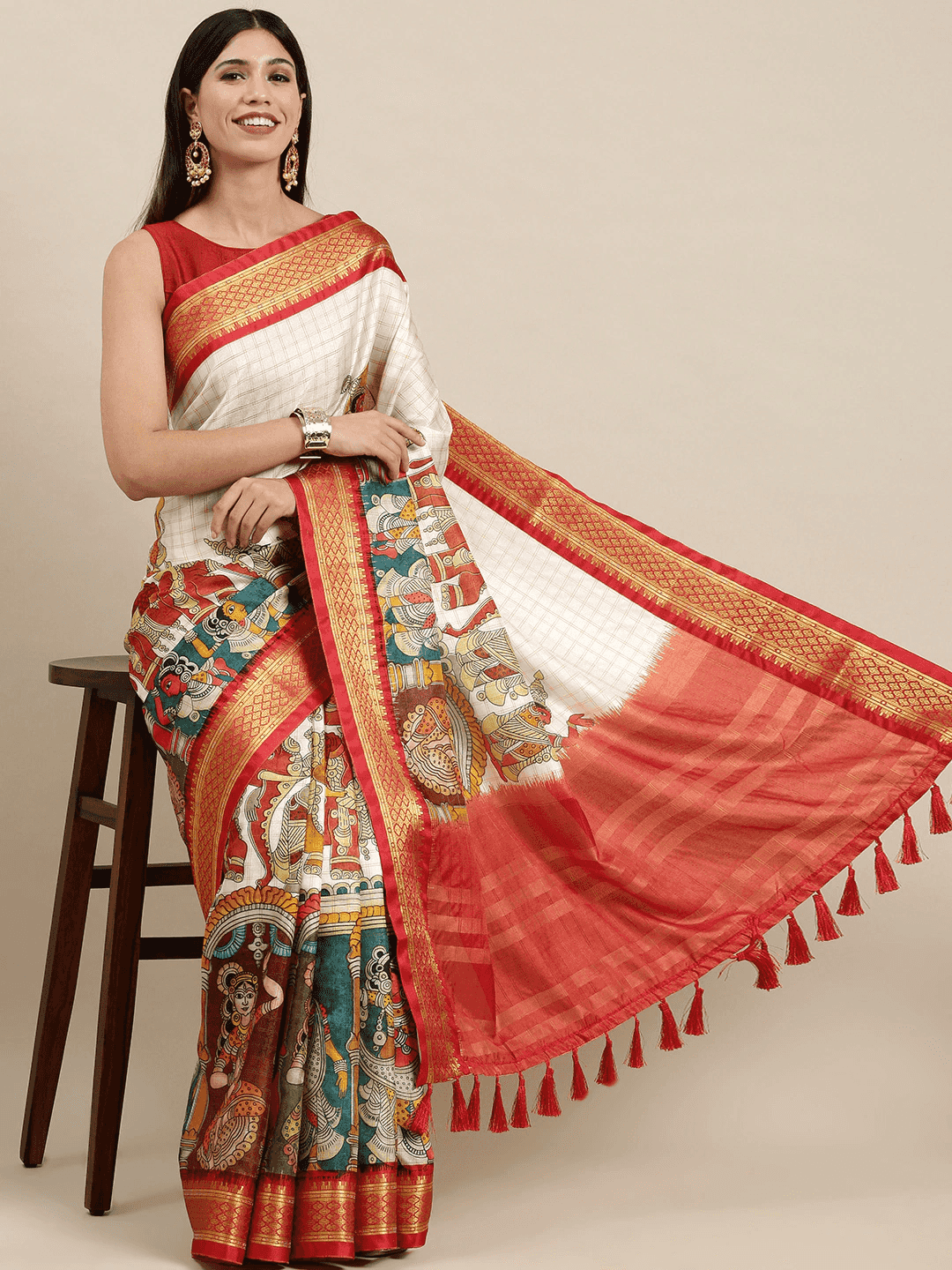 Red Uppada Silk Kalamkari Digital Print Saree

