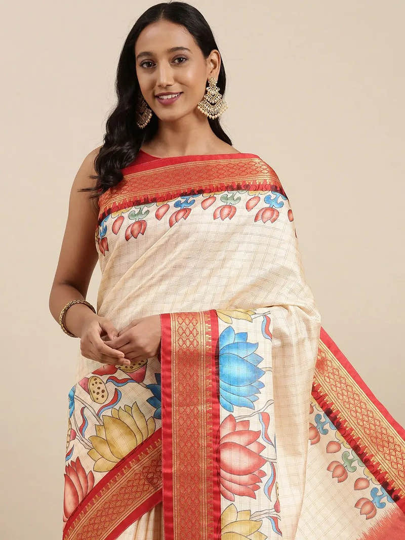 Red Colour Kalamkari Digital Print Uppada Silk Saree