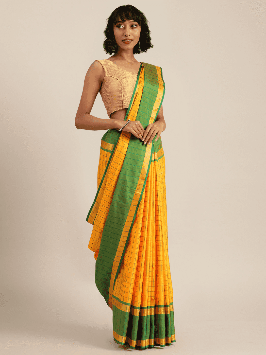 At Vastranand Stylish Silk Cotton Checked Zari Work Saree