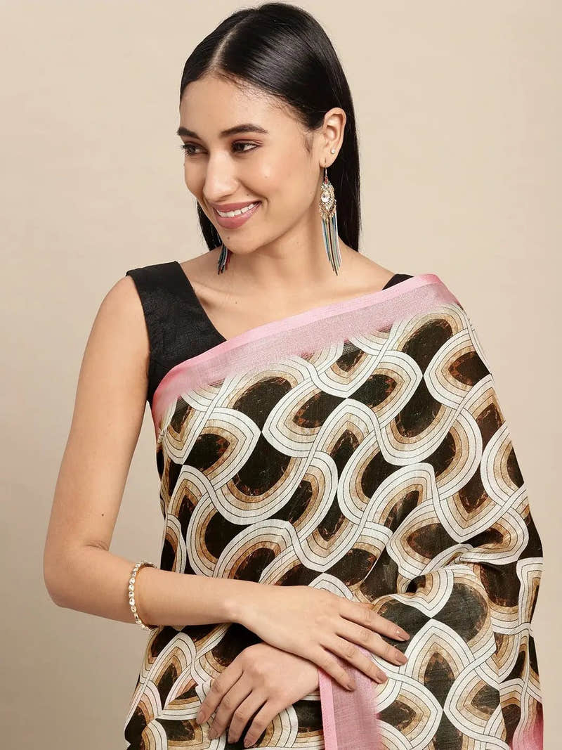 Exclusive Soft Linen Geometric Print Festive Wear Saree