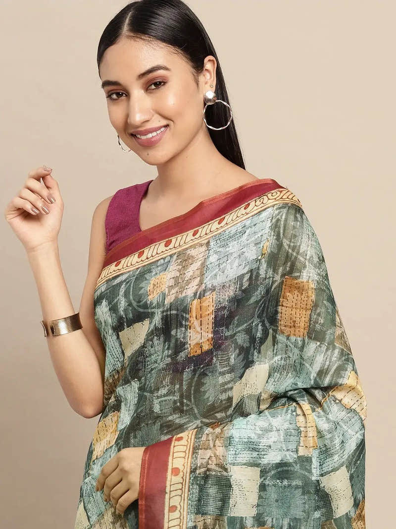 Beautiful Digital Print Kalamkari Design Soft Linen Saree