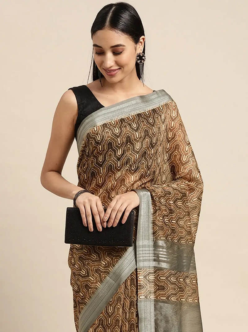 Brown Colour Soft Linen Digital Print Festive Wear Saree