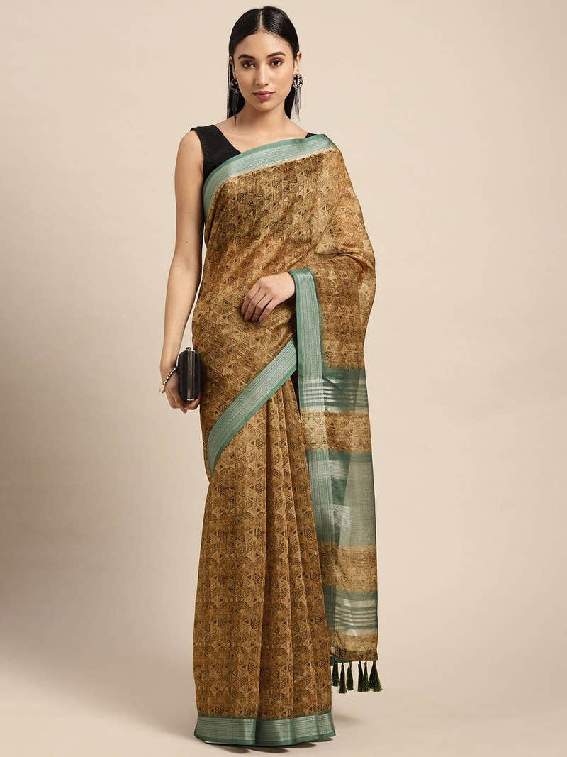 Exclusive Mustard Soft Linen Digital Print Festive Wear Saree