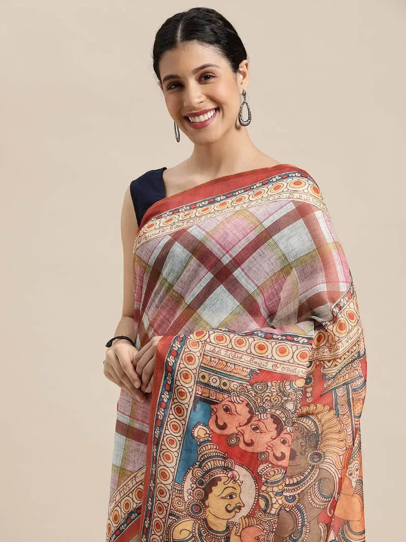 Beautiful Digital Print Kalamkari Design Soft Linen Saree