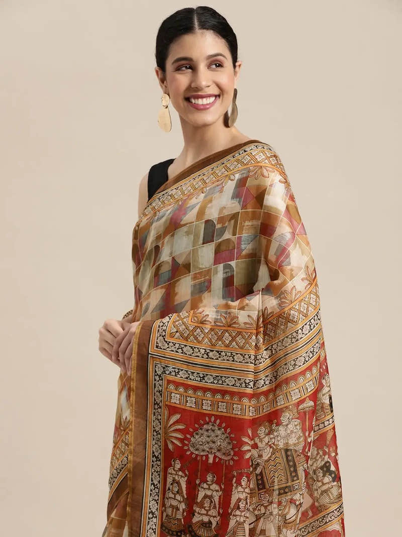 Latest Digital Print Kalamkari Design Soft Linen Saree