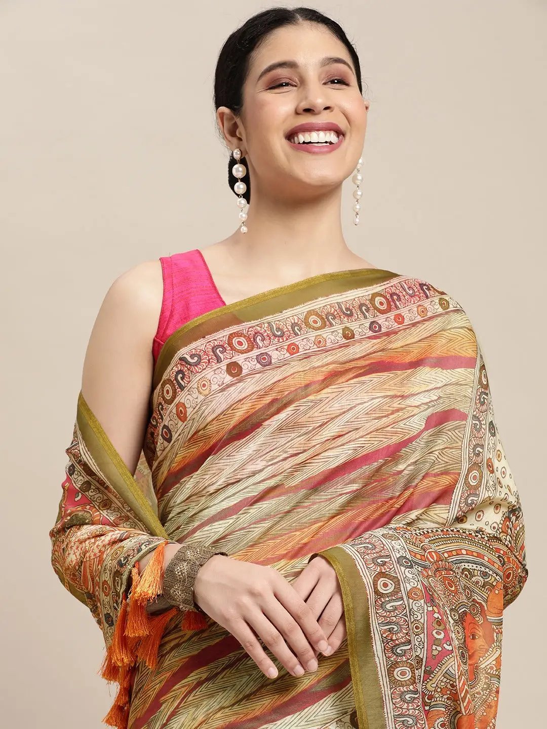 Kalamakri  Digital Print Soft Linen Saree With Zari border 